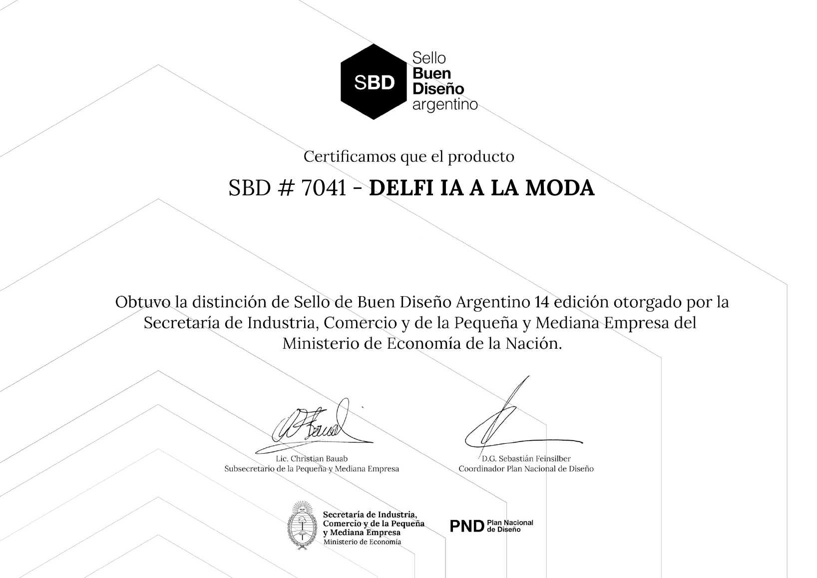 Certificado del producto SBD N.º 7041 DELFI IA A LA MODA