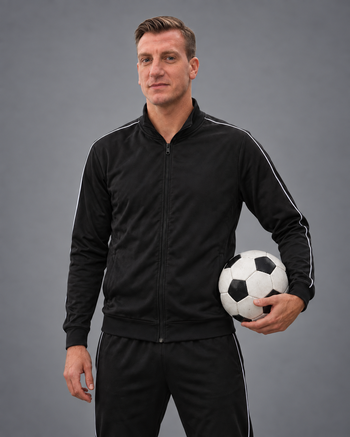 Maxi López with a football and black sportswear, AI-generated image
