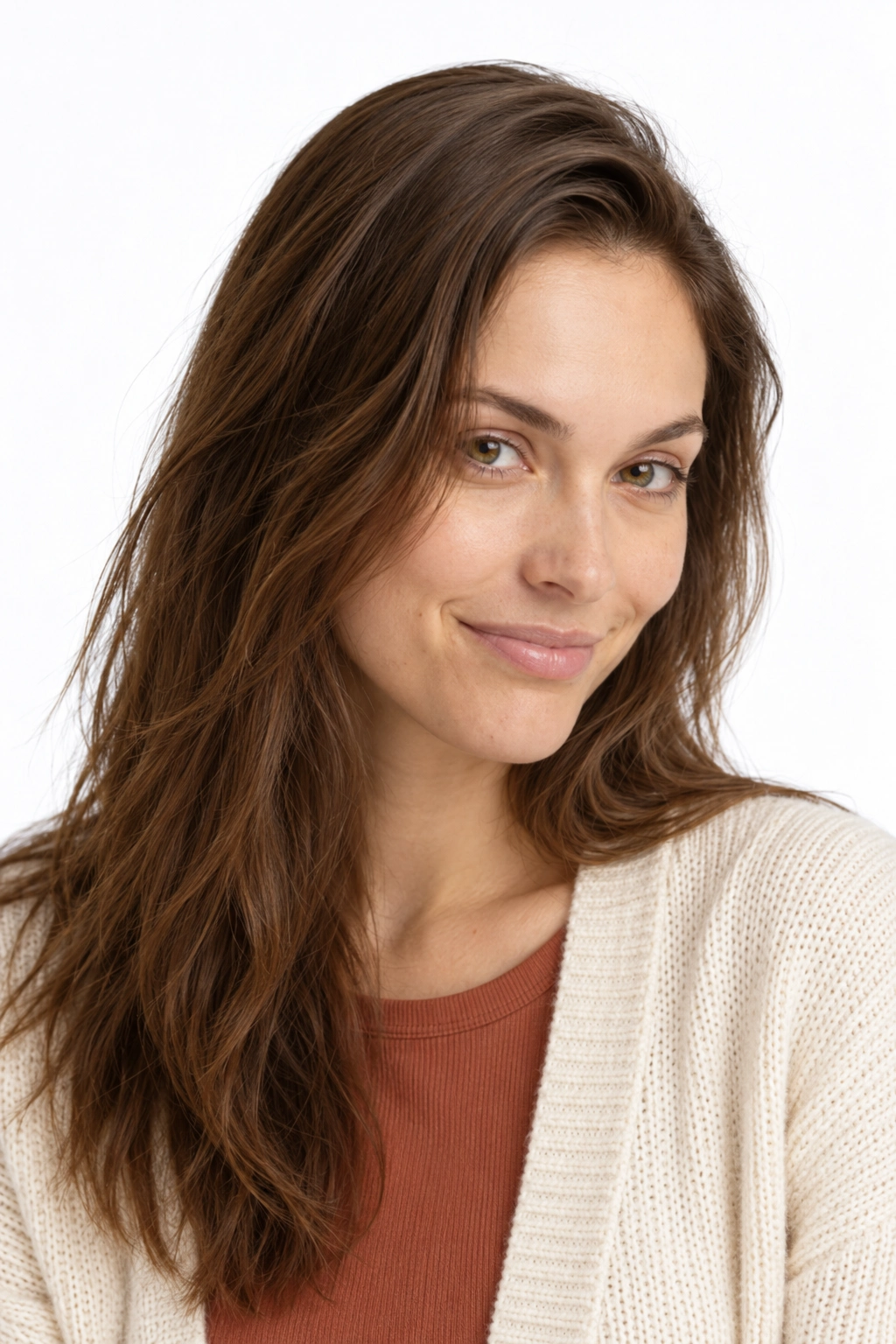 Carolina · Retrato, modelo virtual da DELFI em estúdio com fundo branco